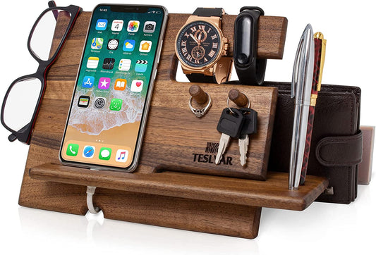 Walnut Wood Phone Docking Station for Men – Smart Organizer for Desk or Nightstand | Gift for Dad, Husband, Gamer, Tech Lover