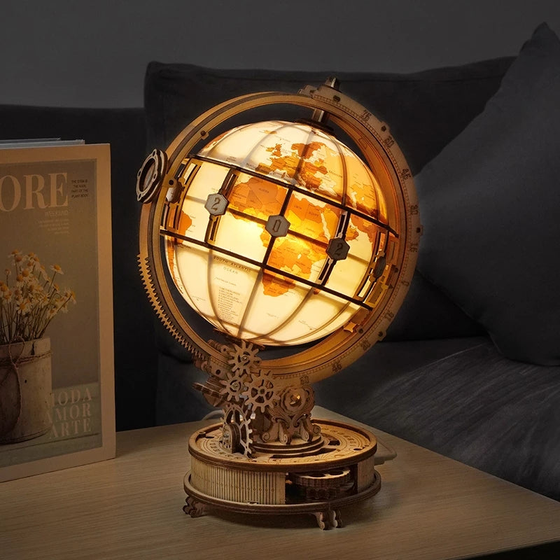 Robotime ROKR Luminous Globe 3D Wooden Puzzle - Rotatable Globe with Light | Perfect Desk Decor & Gift for Adults and Teens | Geek Findings