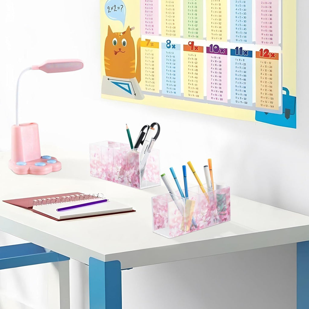 🌸Pink Cherry Blossom Acrylic Makeup Brush & Pen Organizer – 4-Compartment Floral Desk Storage for Offices, Vanities & Game Stations | Geek Findings