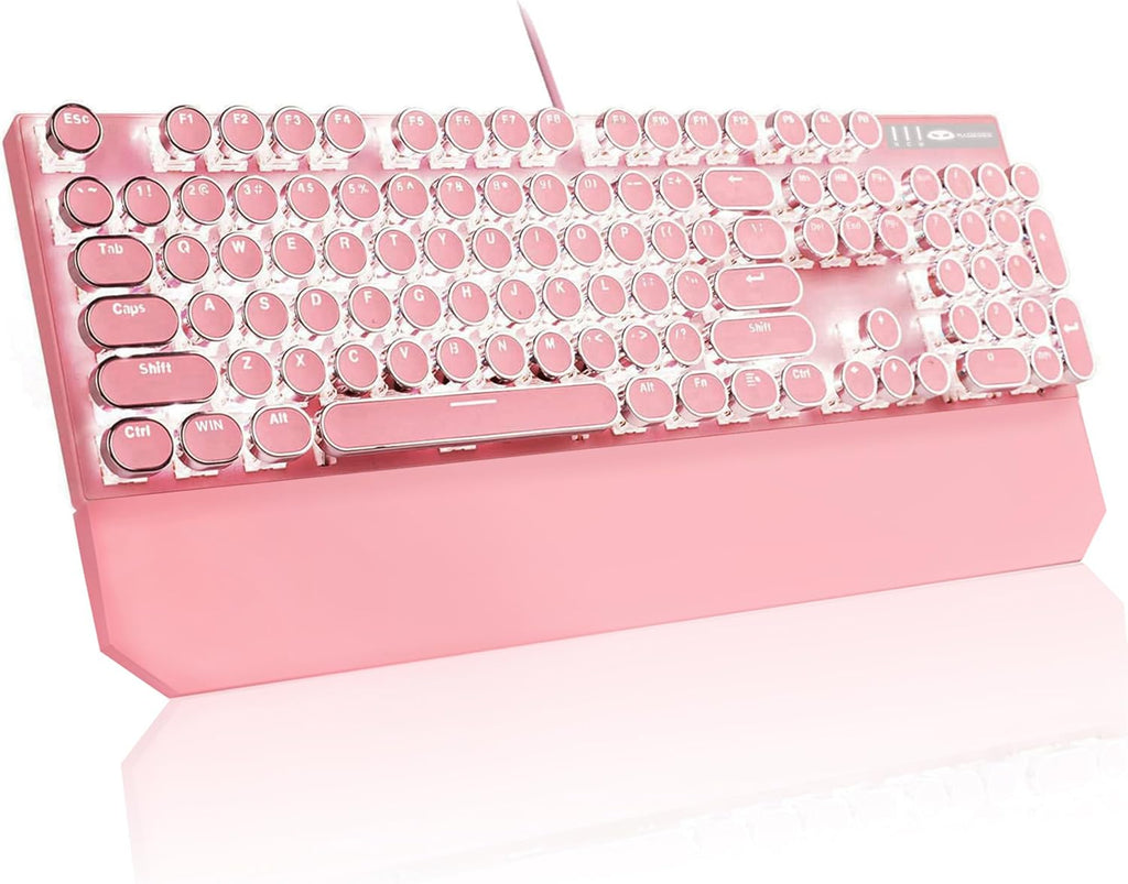 🌸⌨️ Retro Pink Typewriter Mechanical Gaming Keyboard – 104-Key Blue Switch Wired Keyboard with LED White Backlight & Wrist Rest | Perfect for Office & Game Stations | Geek Findings Cherry Blossom Collection