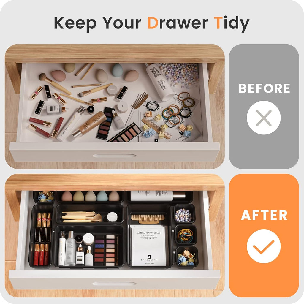 🧩 22-Piece Drawer Organizer Set – Multi-Size Plastic Storage Bins for Desk, Bathroom, Vanity, Kitchen & Office | Stackable, Easy-Clean, Customizable Drawer Dividers 