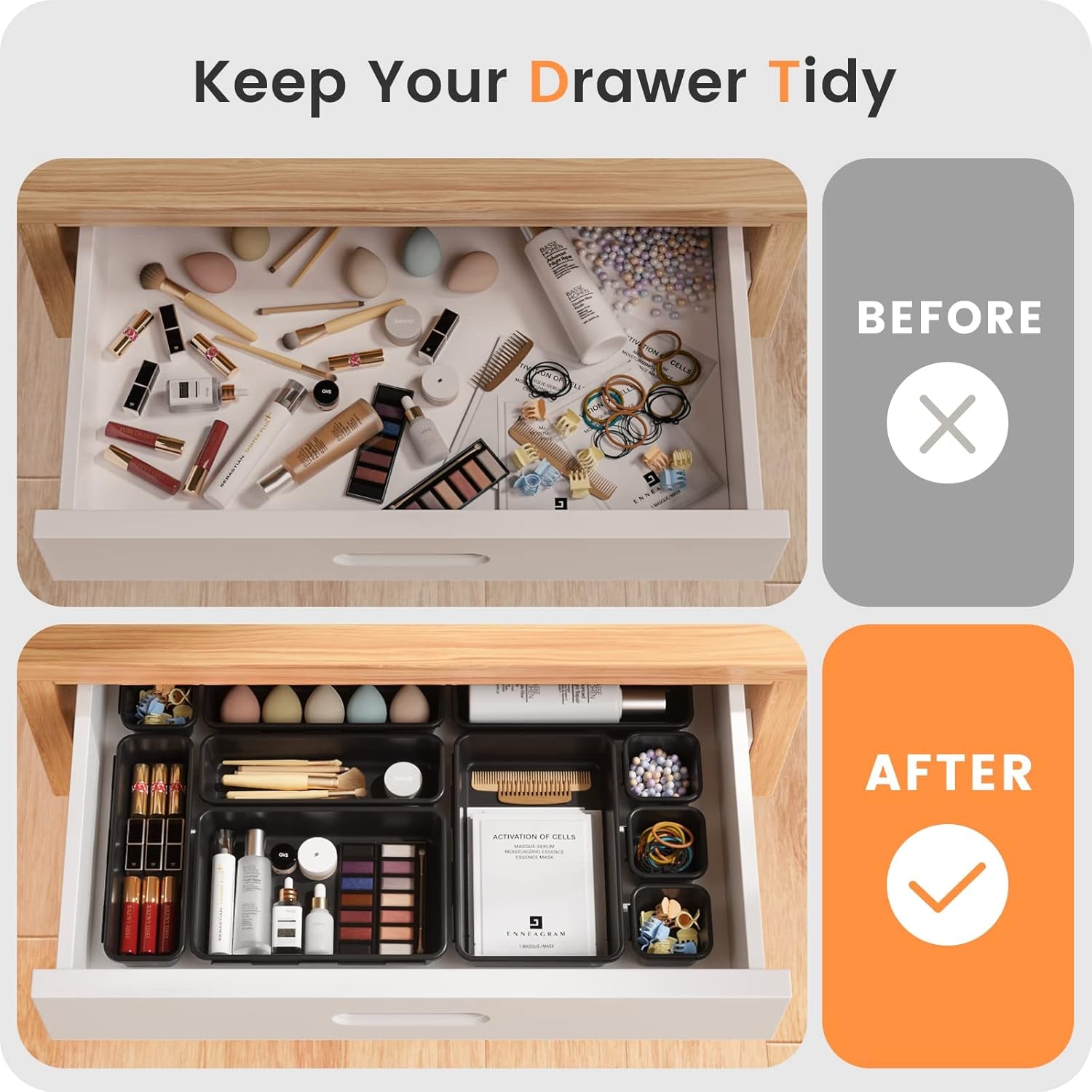 🧩 22-Piece Drawer Organizer Set – Multi-Size Plastic Storage Bins for Desk, Bathroom, Vanity, Kitchen & Office | Stackable, Easy-Clean, Customizable Drawer Dividers 