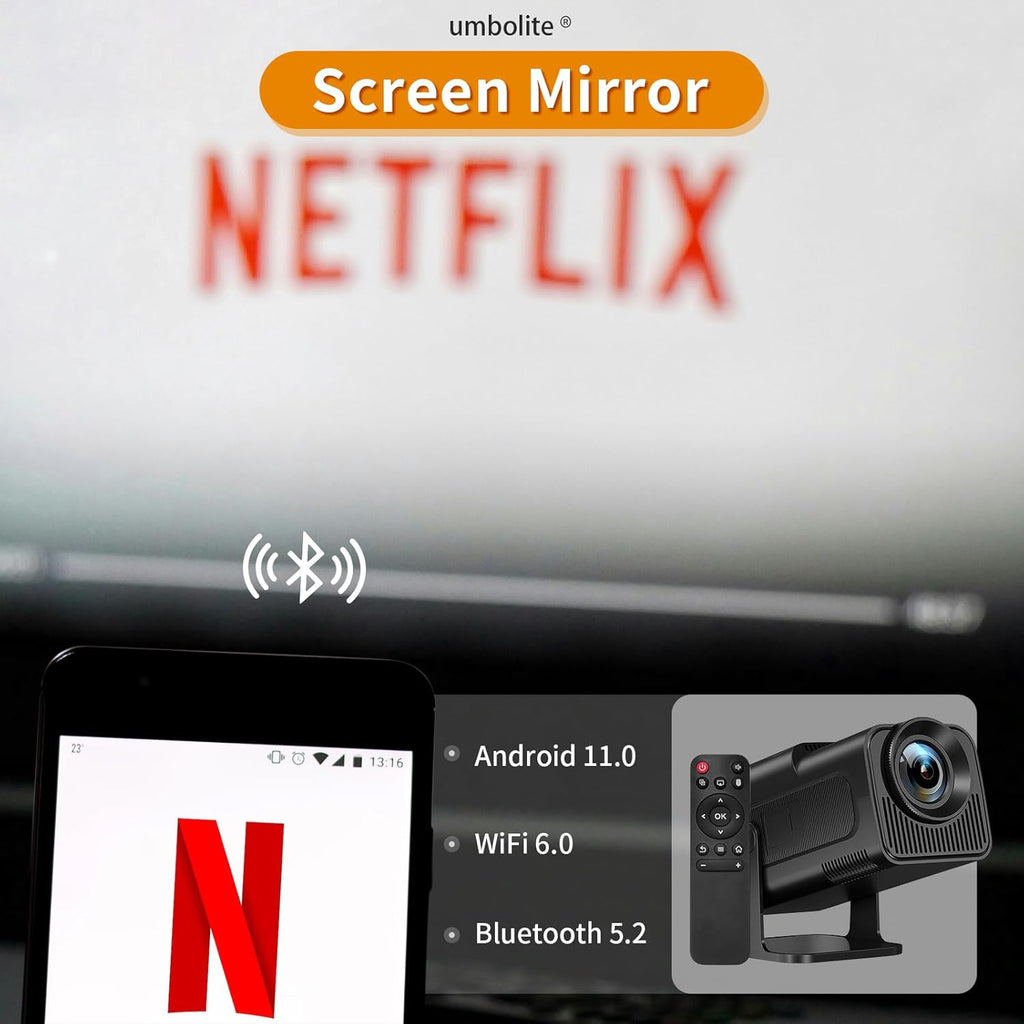 🎥 Mini Smart Projector with WiFi 6 & Bluetooth 5.2 – Portable 150” 1080P Full HD Projector with 4K Support, Auto Keystone, Android 11, and 180° Rotation | Perfect for Gaming Rooms, Offices & Outdoor Movie Nights