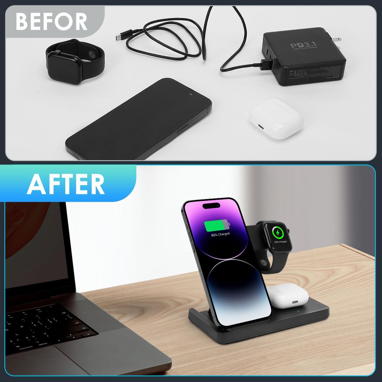 ⚡ 3-in-1 Wireless Charging Station – Fast Charge Dock for iPhone, Apple Watch & AirPods | Foldable Stand with Adapter | Perfect for Tech Desks & Game Rooms