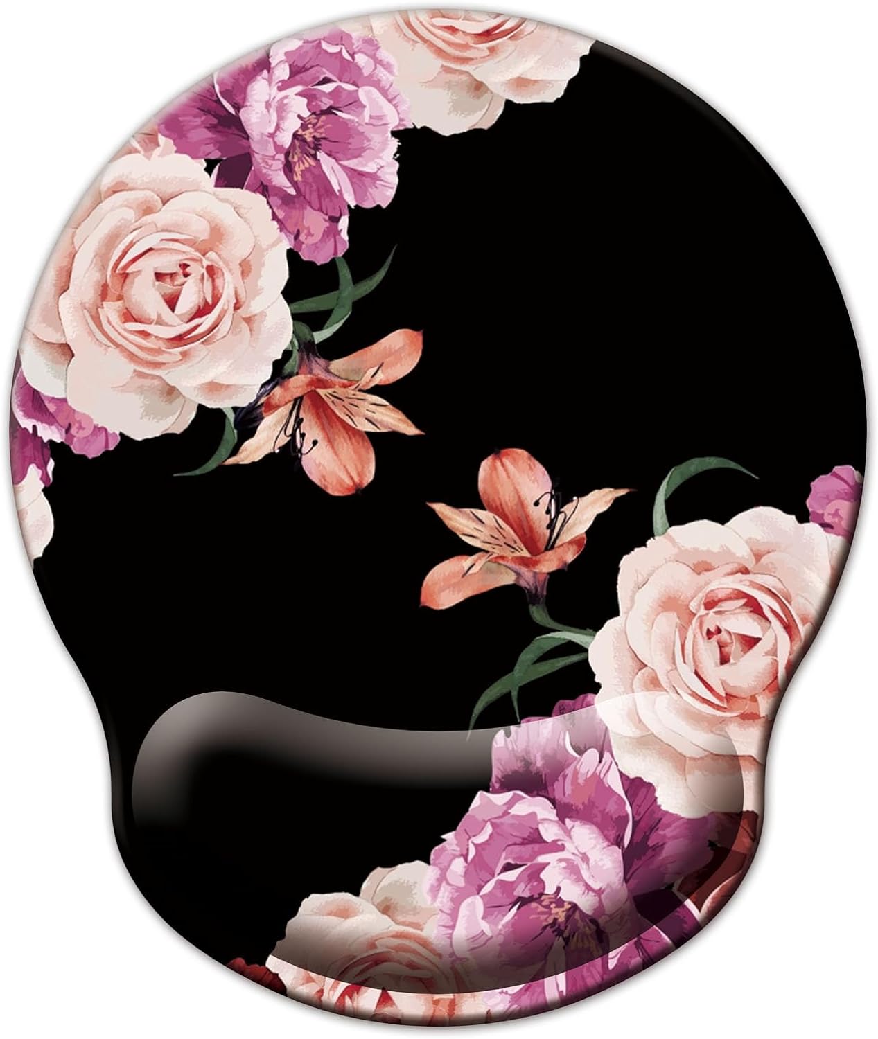 Mouse Pad with Wrist Support, Ergonomic Mouse Pad with Memory Foam Wrist Rest Cushion, Non-Slip Rubber Base Gaming Mice Pad for Home Office Computer Laptop, Flower Black