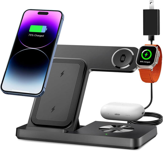 ⚡ 3-in-1 Wireless Charging Station – Fast Charge Dock for iPhone, Apple Watch & AirPods | Foldable Stand with Adapter | Perfect for Tech Desks & Game Rooms