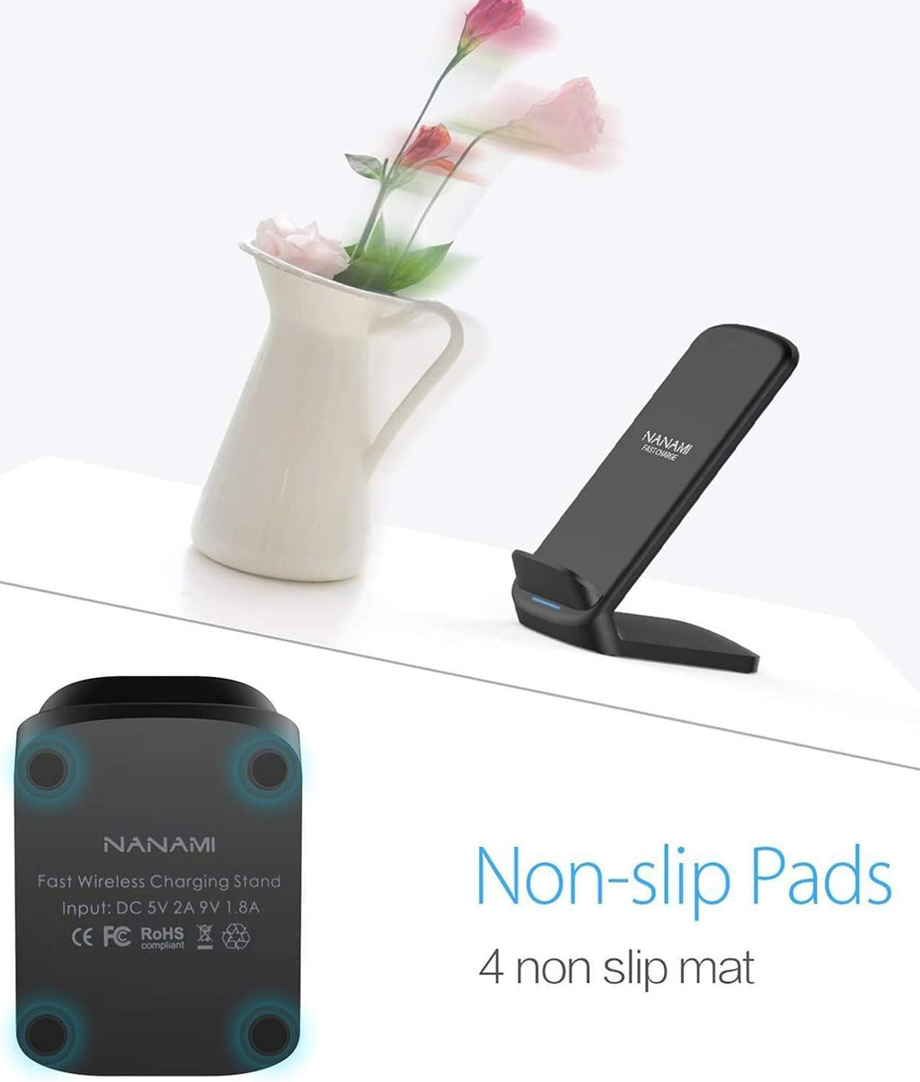 NANAMI Fast Wireless Charging Stand – Qi-Certified Vertical Charger for Samsung Galaxy S25/S24/S23 & iPhone 17/16/15 | Desk-Friendly, Silent, Sleek & Perfect for Gaming Stations & Offices