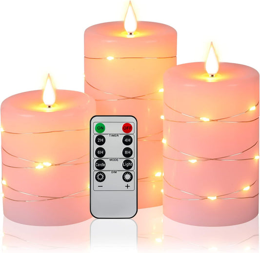 🌸 Pink Flameless Candles with Fairy String Lights – Real Wax LED Candles with Remote & Timer, 3-Pack – Perfect for Home, Office, and Gaming Spaces