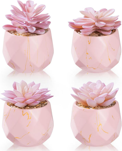 Artificial Succulent Plants in 4 Pink Ceramic Pots, Cute Fake Plants for Vanity Decor, Office, Desk, Bathroom, Kitchen, Bedroom, Shelves Decor for Women, Girls Gift