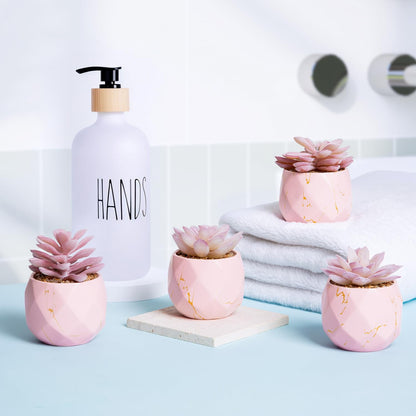 Artificial Succulent Plants in 4 Pink Ceramic Pots, Cute Fake Plants for Vanity Decor, Office, Desk, Bathroom, Kitchen, Bedroom, Shelves Decor for Women, Girls Gift