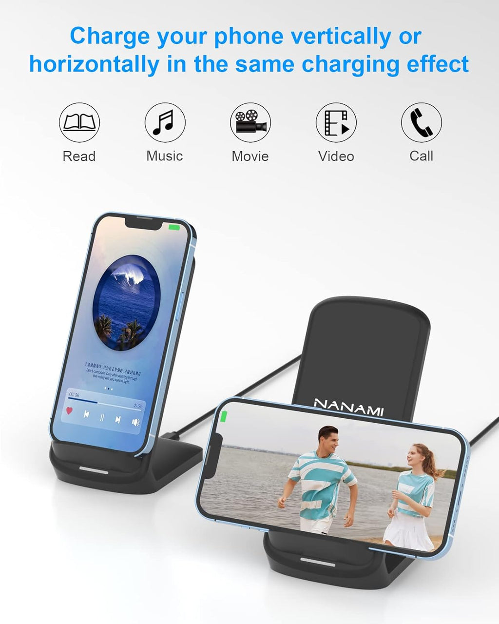 NANAMI Fast Wireless Charging Stand – Qi-Certified Vertical Charger for Samsung Galaxy S25/S24/S23 & iPhone 17/16/15 | Desk-Friendly, Silent, Sleek & Perfect for Gaming Stations & Offices