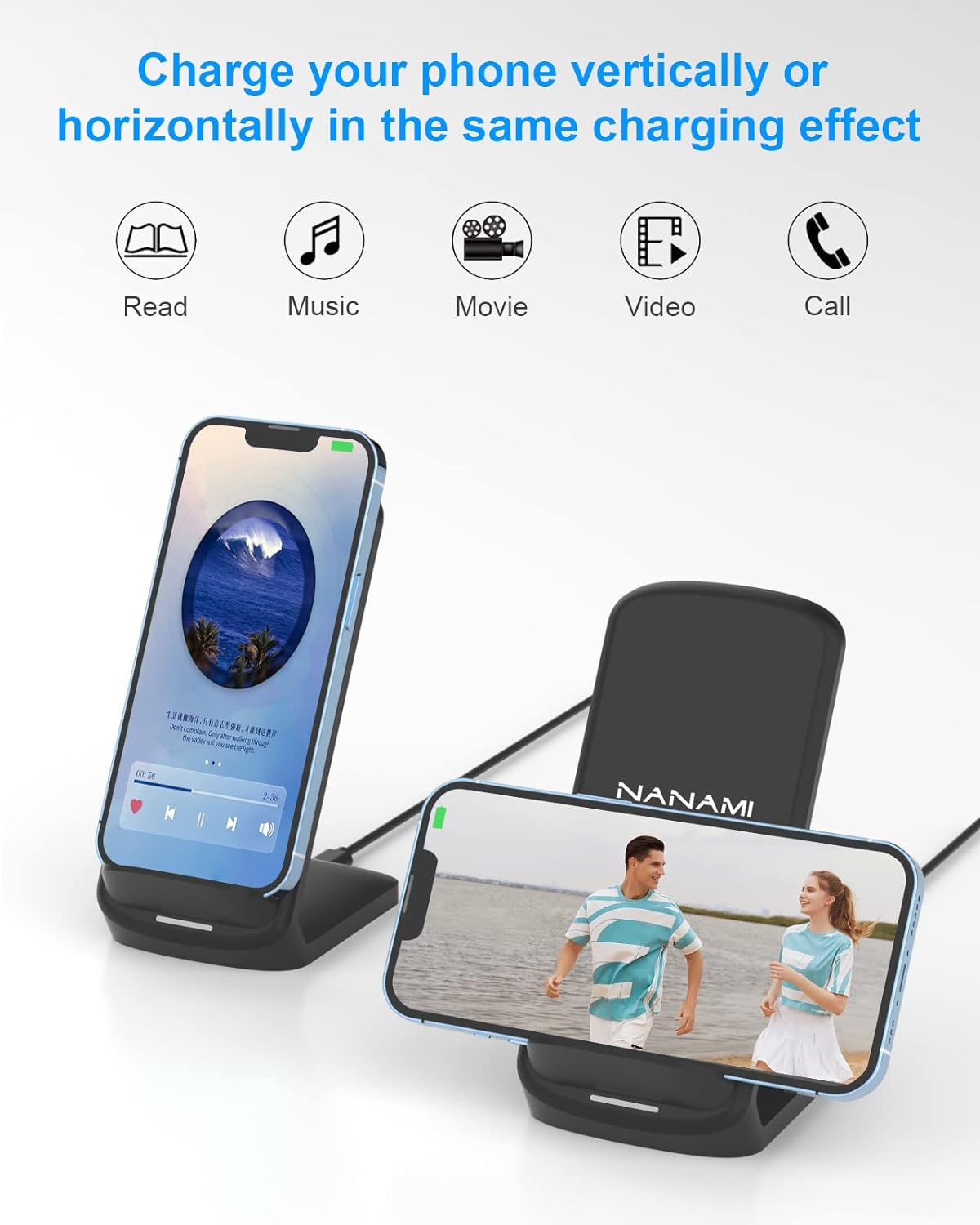 NANAMI Fast Wireless Charging Stand – Qi-Certified Vertical Charger for Samsung Galaxy S25/S24/S23 & iPhone 17/16/15 | Desk-Friendly, Silent, Sleek & Perfect for Gaming Stations & Offices