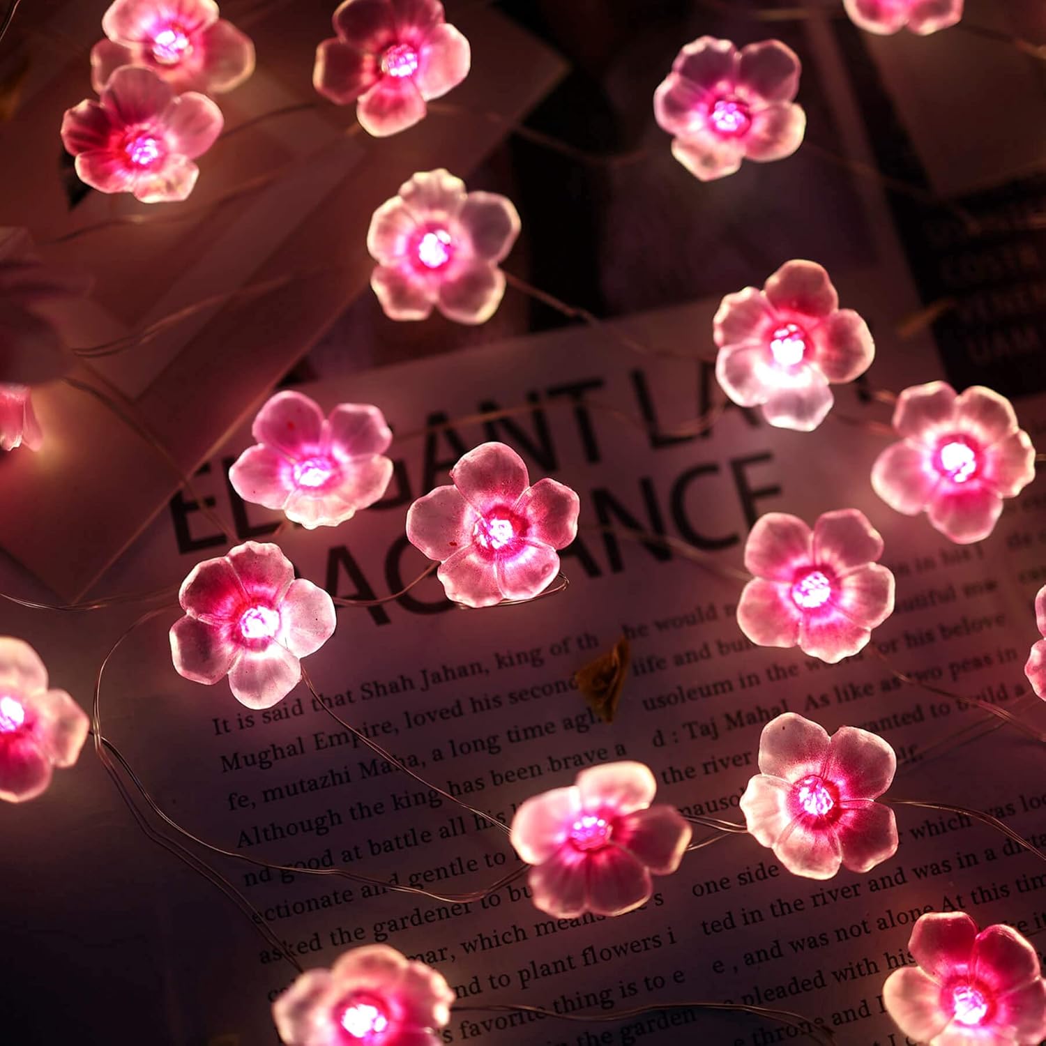 🌸 Cherry Blossom Fairy String Lights – 10ft Sakura Flower LED Garland with Remote & Timer | Soft Pink Glow for Gaming Desks, Offices & Bedroom Décor – Geek Findings Exclusive