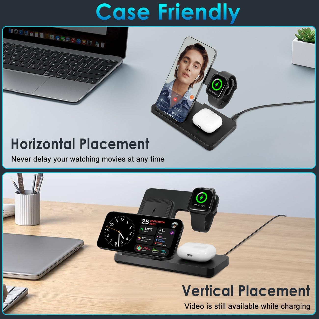 ⚡ 3-in-1 Wireless Charging Station – Fast Charge Dock for iPhone, Apple Watch & AirPods | Foldable Stand with Adapter | Perfect for Tech Desks & Game Rooms