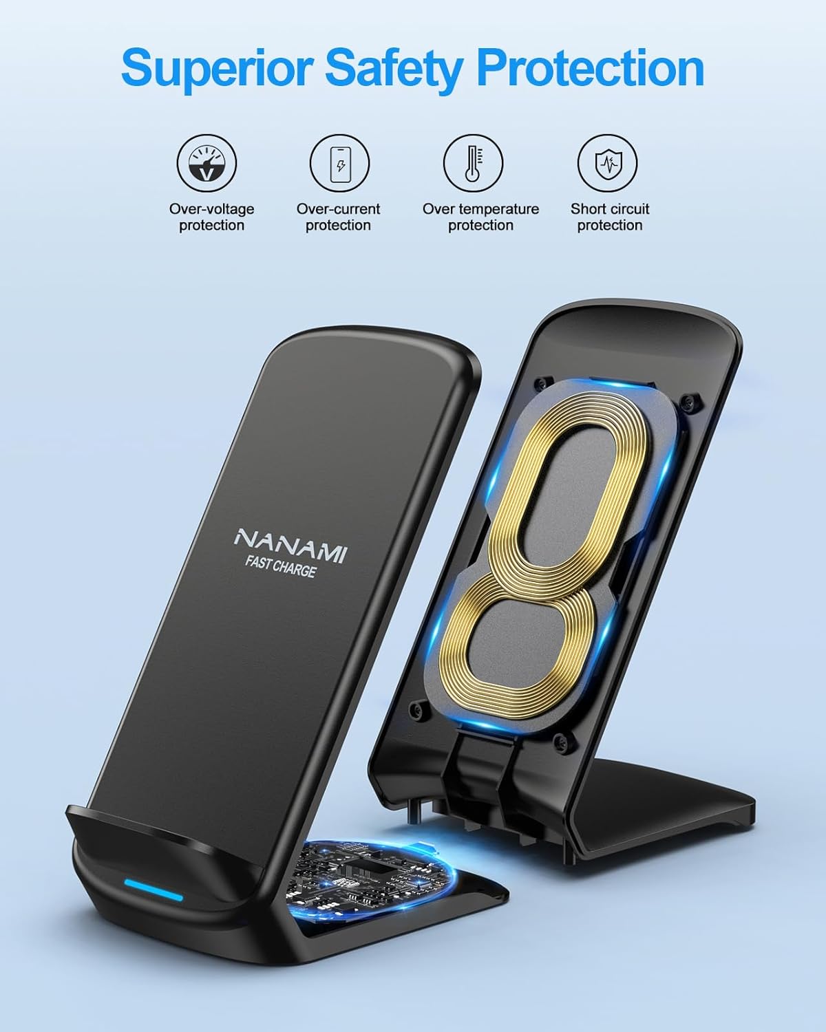 NANAMI Fast Wireless Charging Stand – Qi-Certified Vertical Charger for Samsung Galaxy S25/S24/S23 & iPhone 17/16/15 | Desk-Friendly, Silent, Sleek & Perfect for Gaming Stations & Offices