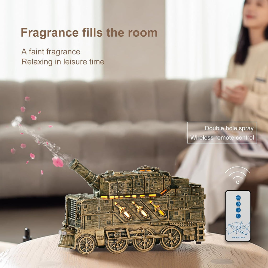🛡️ 300ML Tank-Shaped Essential Oil Diffuser – Ultrasonic Cool Mist Aroma Diffuser with Remote Control, 2 Light Modes & Auto Shut-Off 