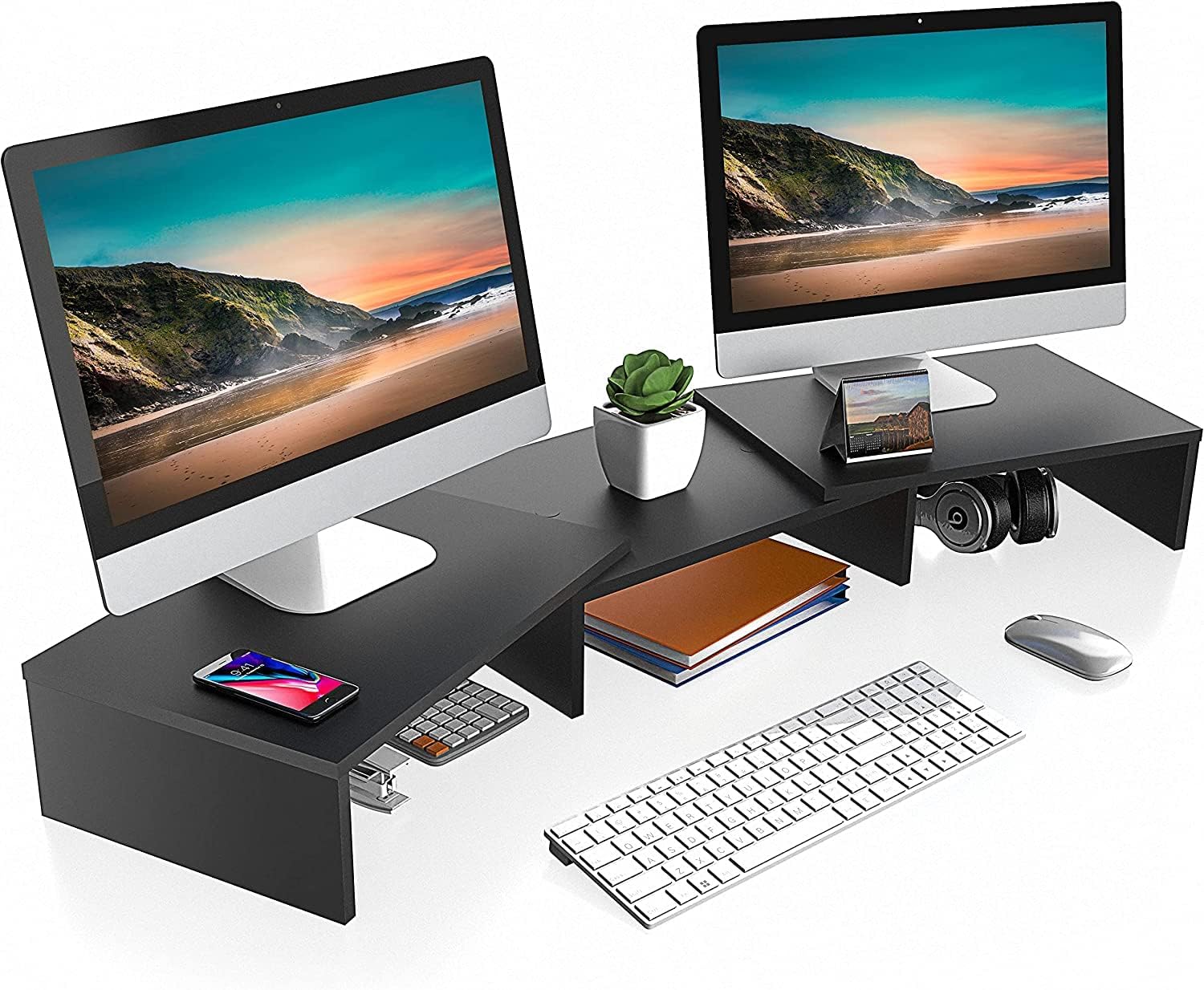 Dual Monitor Stand – Adjustable Bamboo Desk Riser with 3 Rotating Shelves | Ergonomic Wooden Monitor Shelf for Home Office or Gaming Setup
