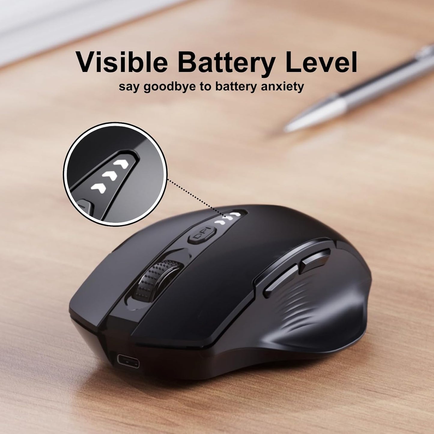 ⚡ Ergonomic Wireless Mouse with Visible Battery Level – 2.4GHz, Rechargeable, 4 DPI Settings 