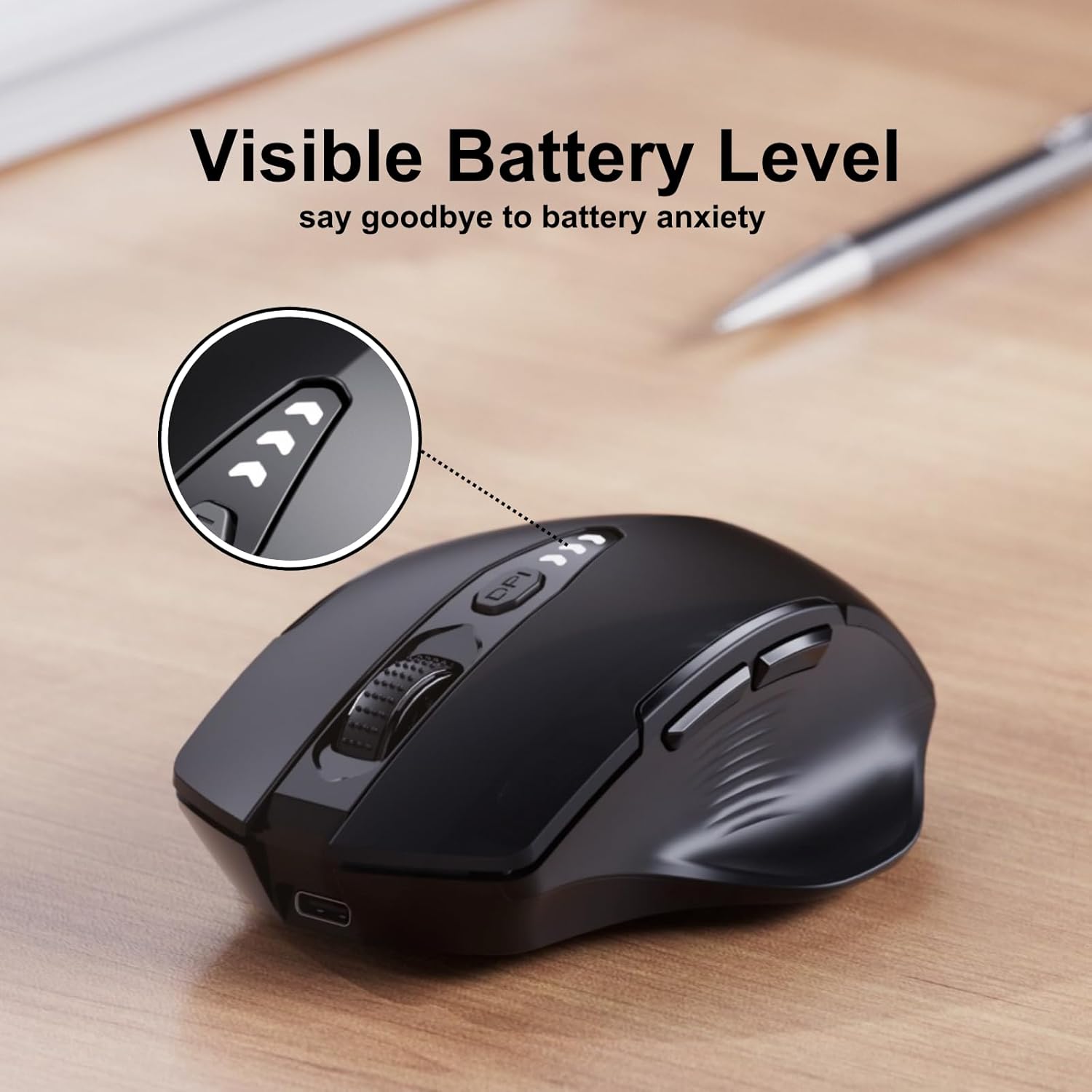 ⚡ Ergonomic Wireless Mouse with Visible Battery Level – 2.4GHz, Rechargeable, 4 DPI Settings 