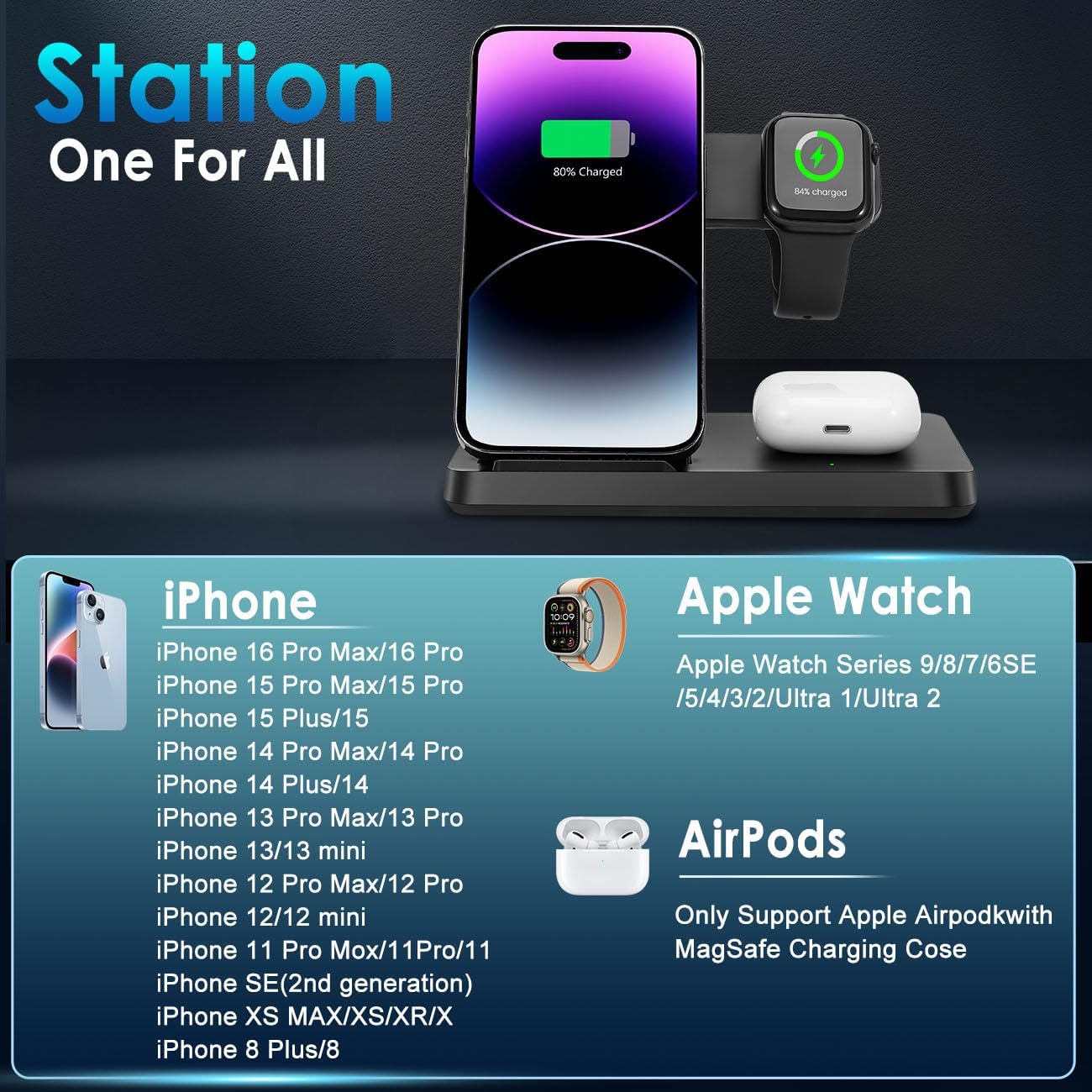 ⚡ 3-in-1 Wireless Charging Station – Fast Charge Dock for iPhone, Apple Watch & AirPods | Foldable Stand with Adapter | Perfect for Tech Desks & Game Rooms