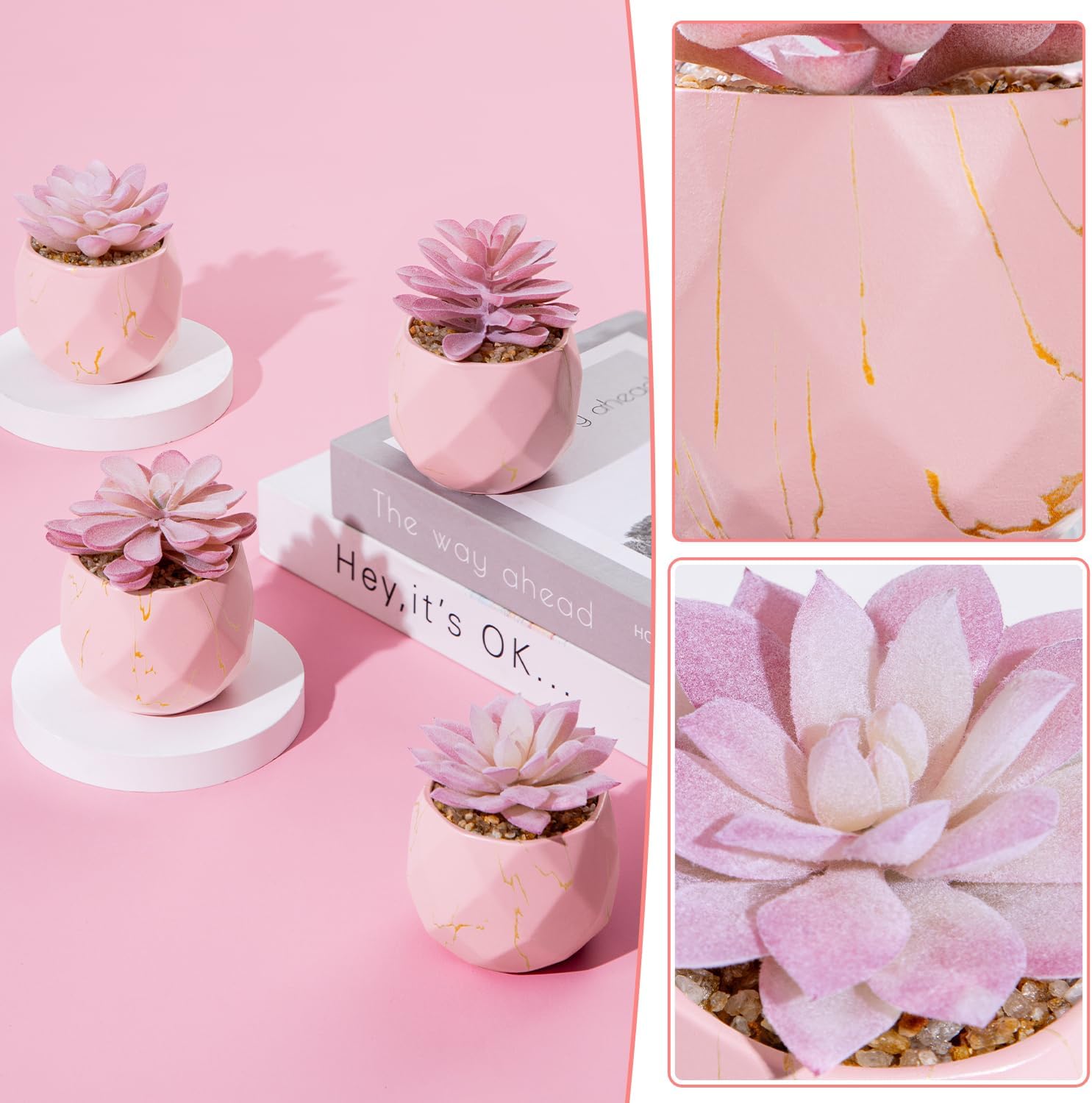 Artificial Succulent Plants in 4 Pink Ceramic Pots, Cute Fake Plants for Vanity Decor, Office, Desk, Bathroom, Kitchen, Bedroom, Shelves Decor for Women, Girls Gift