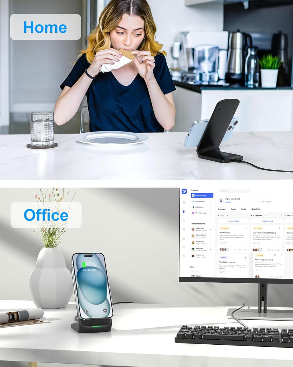 NANAMI Fast Wireless Charging Stand – Qi-Certified Vertical Charger for Samsung Galaxy S25/S24/S23 & iPhone 17/16/15 | Desk-Friendly, Silent, Sleek & Perfect for Gaming Stations & Offices