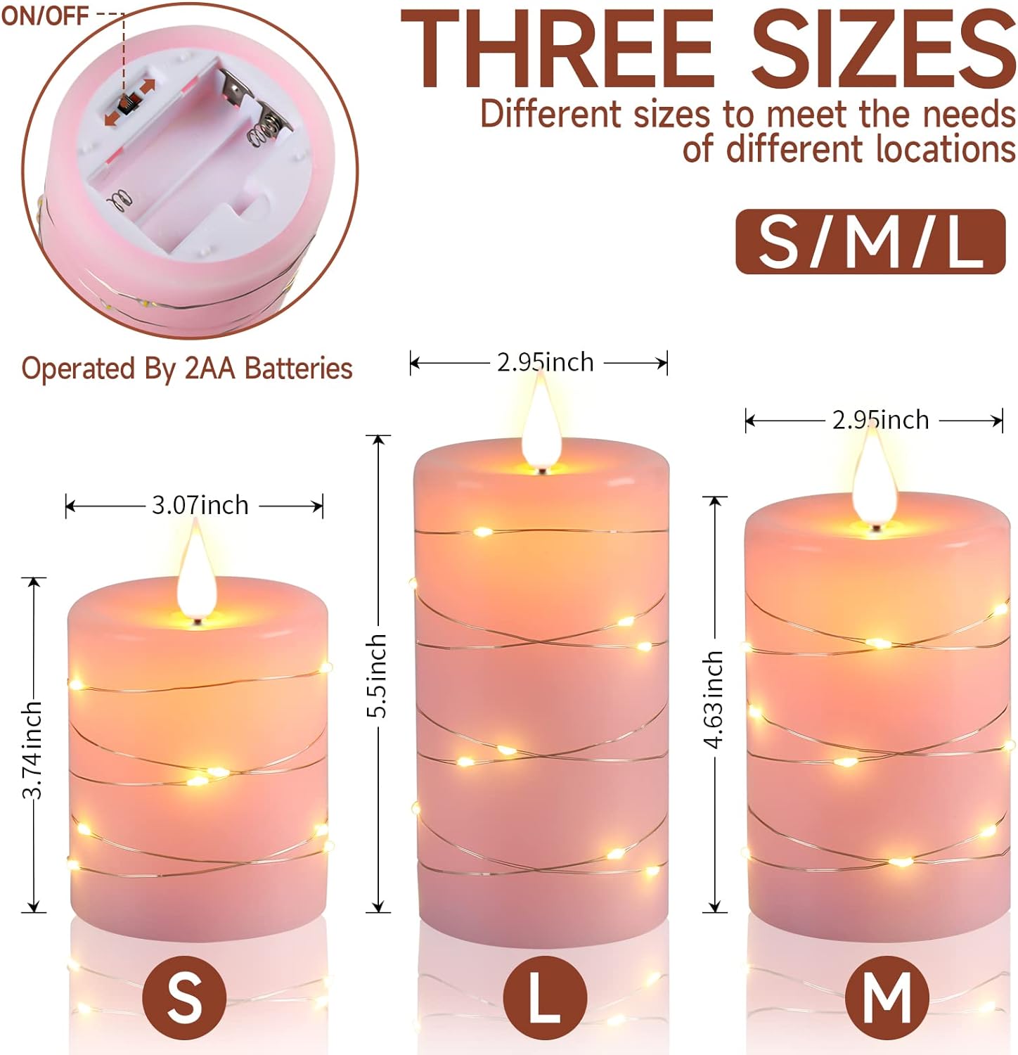 🌸 Pink Flameless Candles with Fairy String Lights – Real Wax LED Candles with Remote & Timer, 3-Pack – Perfect for Home, Office, and Gaming Spaces