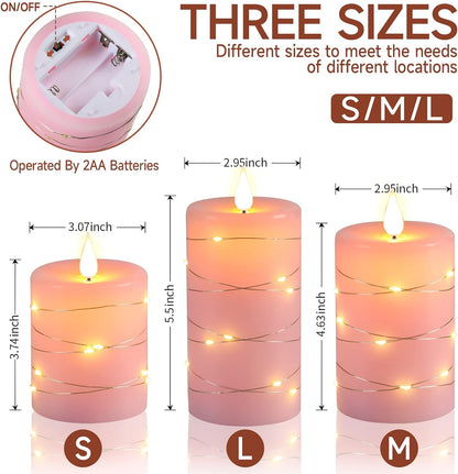 🌸 Pink Flameless Candles with Fairy String Lights – Real Wax LED Candles with Remote & Timer, 3-Pack – Perfect for Home, Office, and Gaming Spaces
