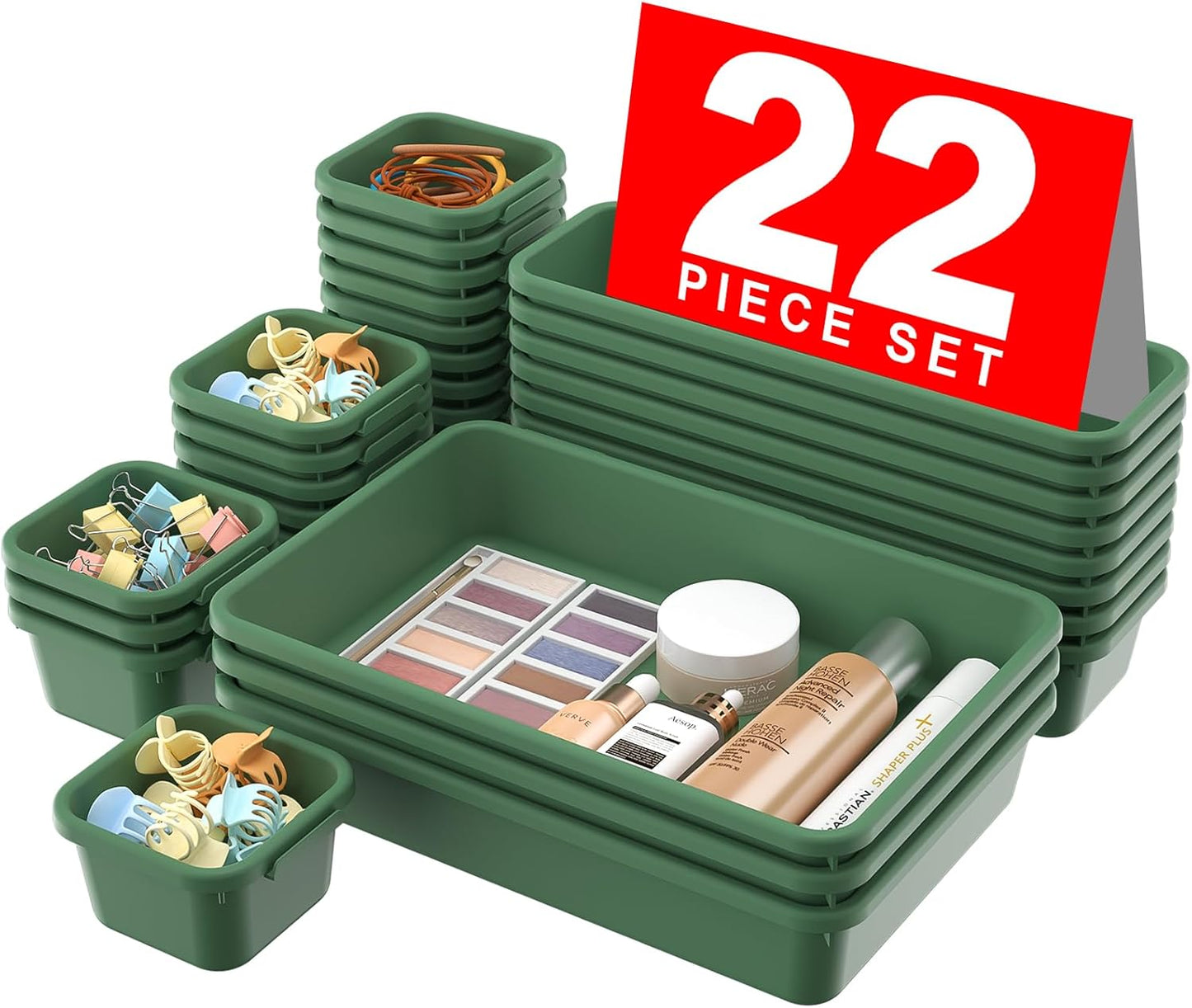 🧩 22-Piece Drawer Organizer Set – Multi-Size Plastic Storage Bins for Desk, Bathroom, Vanity, Kitchen & Office | Stackable, Easy-Clean, Customizable Drawer Dividers 