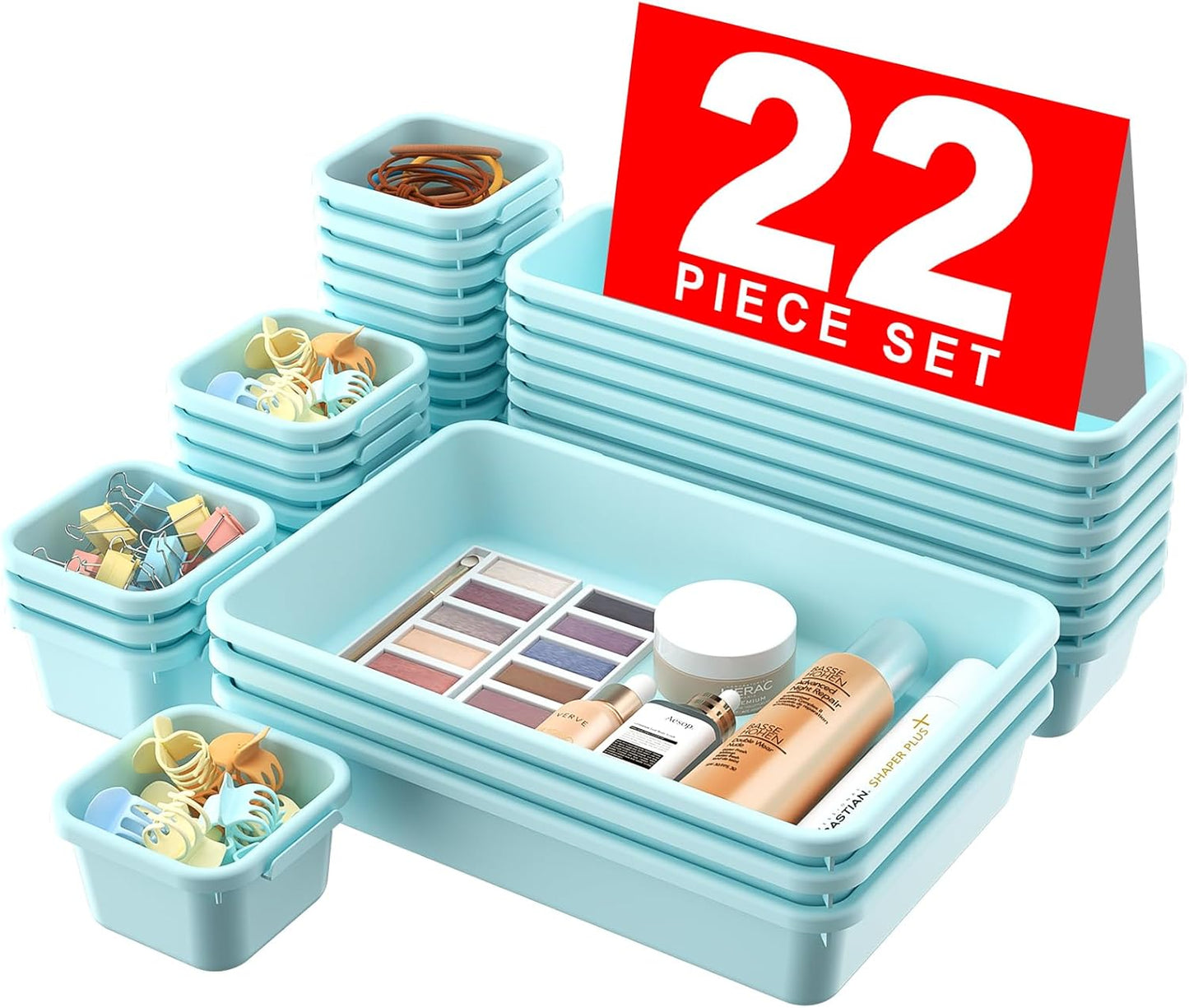 🧩 22-Piece Drawer Organizer Set – Multi-Size Plastic Storage Bins for Desk, Bathroom, Vanity, Kitchen & Office | Stackable, Easy-Clean, Customizable Drawer Dividers 