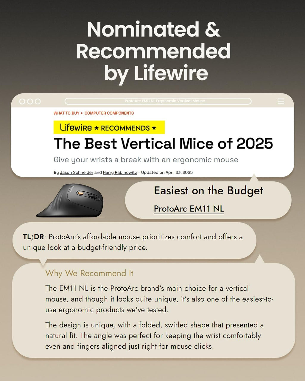 EM11 NL Ergonomic Vertical Mouse – Bluetooth & 2.4G, Rechargeable, 3-Device Multi-Connection, Adjustable DPI, Quiet Click – For Windows, Mac, and Android