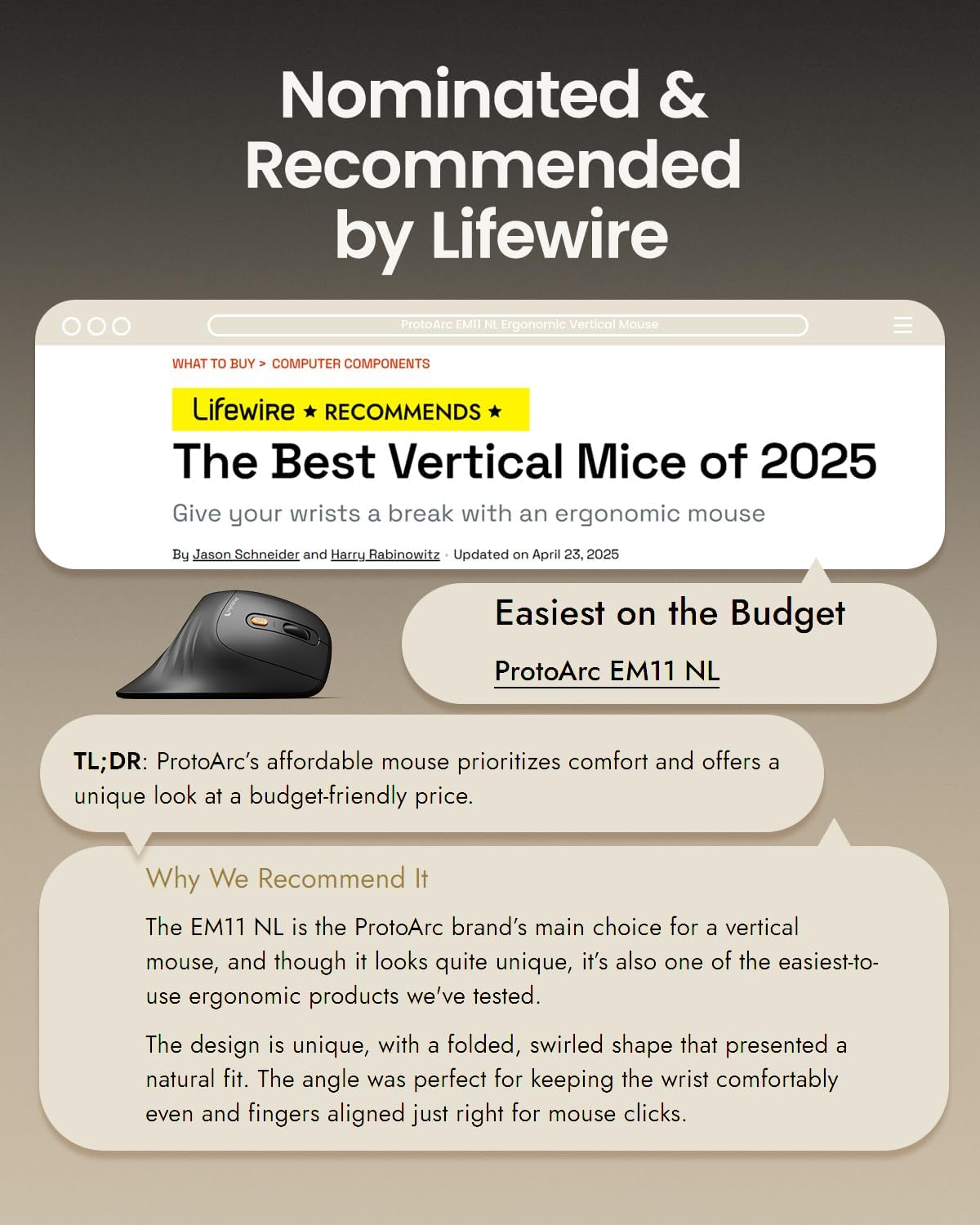 EM11 NL Ergonomic Vertical Mouse – Bluetooth & 2.4G, Rechargeable, 3-Device Multi-Connection, Adjustable DPI, Quiet Click – For Windows, Mac, and Android