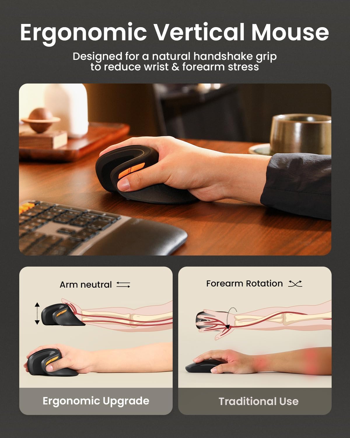 EM11 NL Ergonomic Vertical Mouse – Bluetooth & 2.4G, Rechargeable, 3-Device Multi-Connection, Adjustable DPI, Quiet Click – For Windows, Mac, and Android