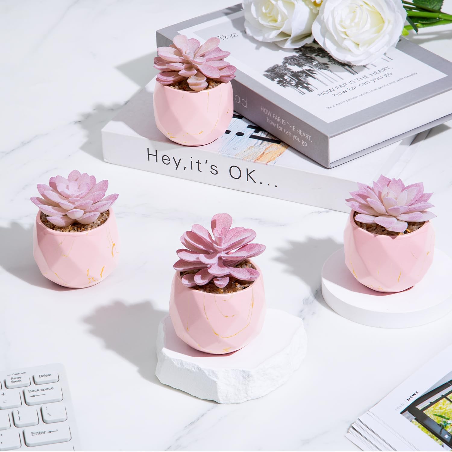 Artificial Succulent Plants in 4 Pink Ceramic Pots, Cute Fake Plants for Vanity Decor, Office, Desk, Bathroom, Kitchen, Bedroom, Shelves Decor for Women, Girls Gift
