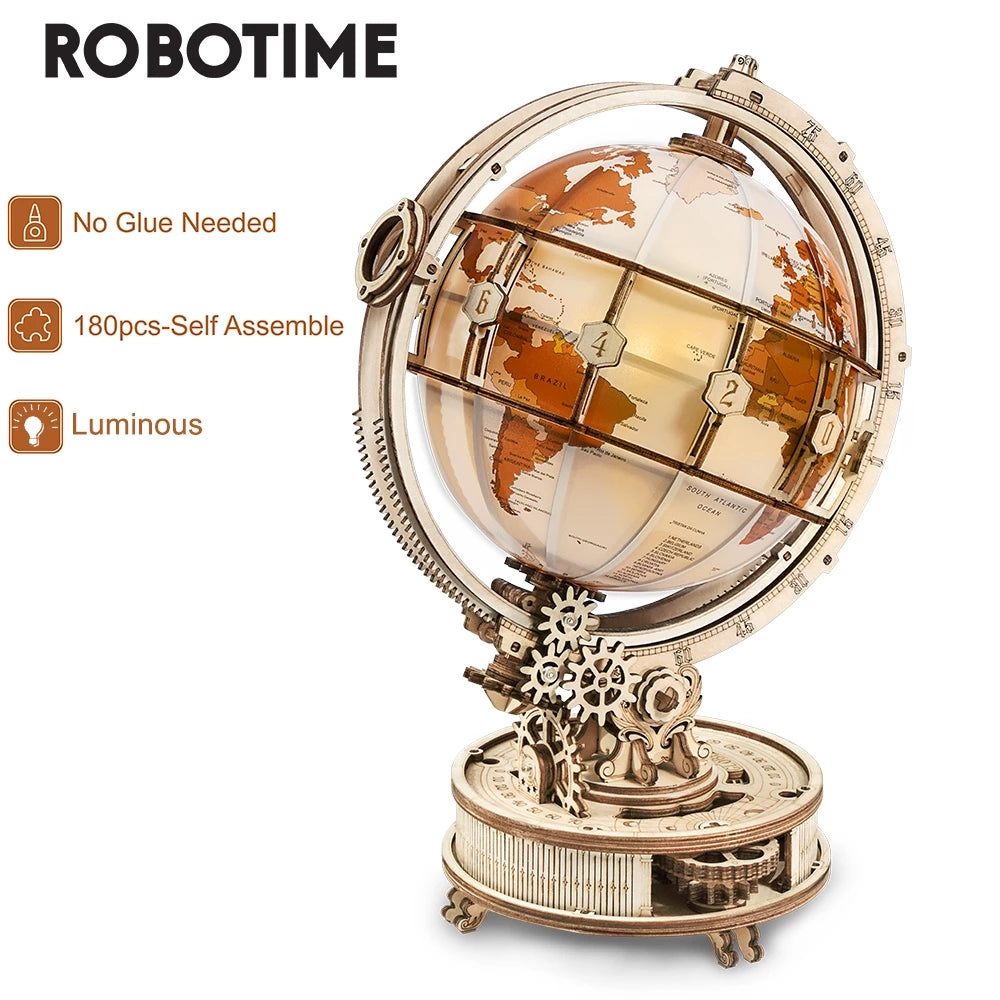 Robotime ROKR Luminous Globe 3D Wooden Puzzle - Rotatable Globe with Light | Perfect Desk Decor & Gift for Adults and Teens | Geek Findings