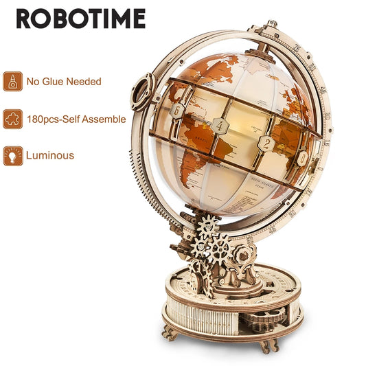 Robotime ROKR Luminous Globe 3D Wooden Puzzle - Rotatable Globe with Light | Perfect Desk Decor & Gift for Adults and Teens | Geek Findings