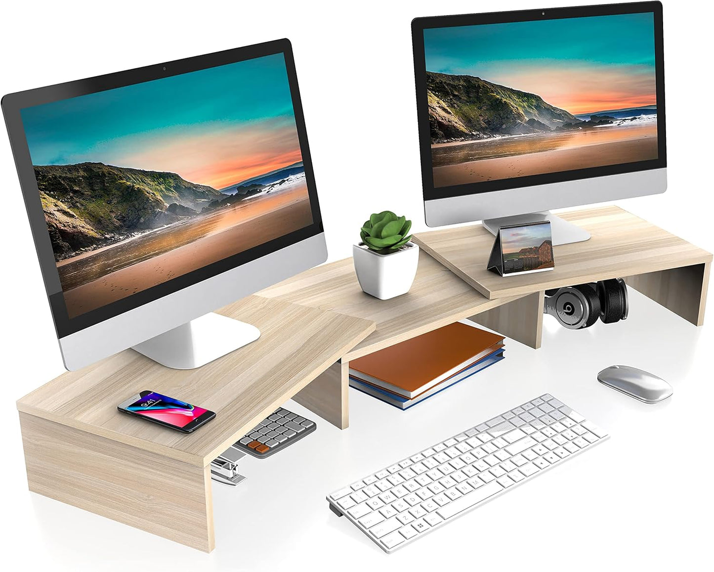Dual Monitor Stand – Adjustable Bamboo Desk Riser with 3 Rotating Shelves | Ergonomic Wooden Monitor Shelf for Home Office or Gaming Setup