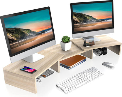 Dual Monitor Stand – Adjustable Bamboo Desk Riser with 3 Rotating Shelves | Ergonomic Wooden Monitor Shelf for Home Office or Gaming Setup