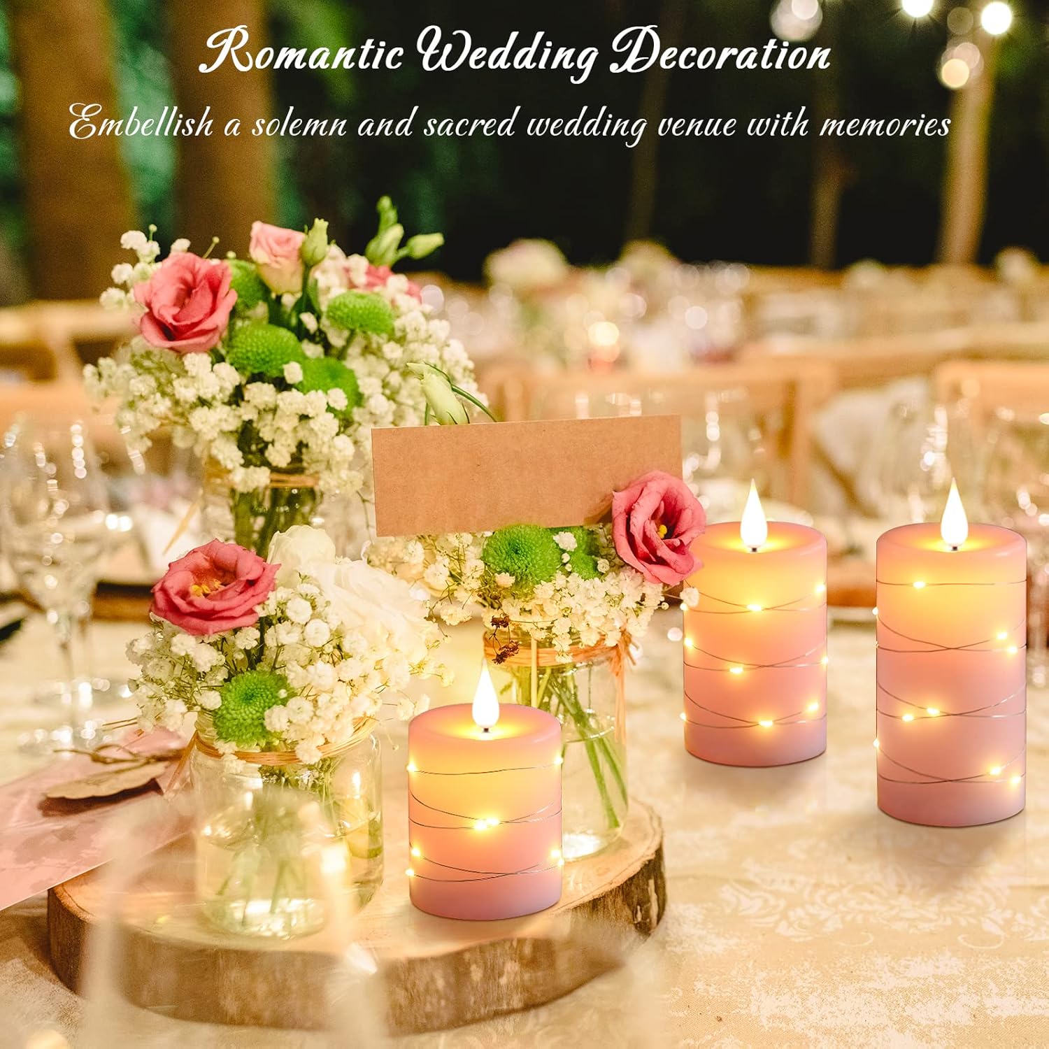 🌸 Pink Flameless Candles with Fairy String Lights – Real Wax LED Candles with Remote & Timer, 3-Pack – Perfect for Home, Office, and Gaming Spaces