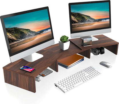 Dual Monitor Stand – Adjustable Bamboo Desk Riser with 3 Rotating Shelves | Ergonomic Wooden Monitor Shelf for Home Office or Gaming Setup