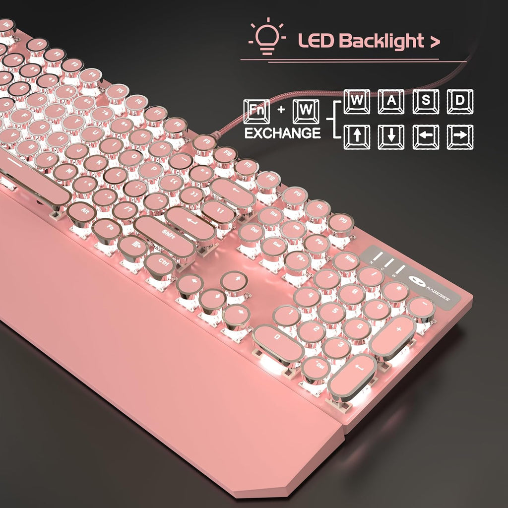 🌸⌨️ Retro Pink Typewriter Mechanical Gaming Keyboard – 104-Key Blue Switch Wired Keyboard with LED White Backlight & Wrist Rest | Perfect for Office & Game Stations | Geek Findings Cherry Blossom Collection