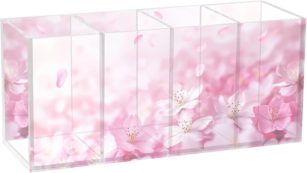 🌸Pink Cherry Blossom Acrylic Makeup Brush & Pen Organizer – 4-Compartment Floral Desk Storage for Offices, Vanities & Game Stations | Geek Findings
