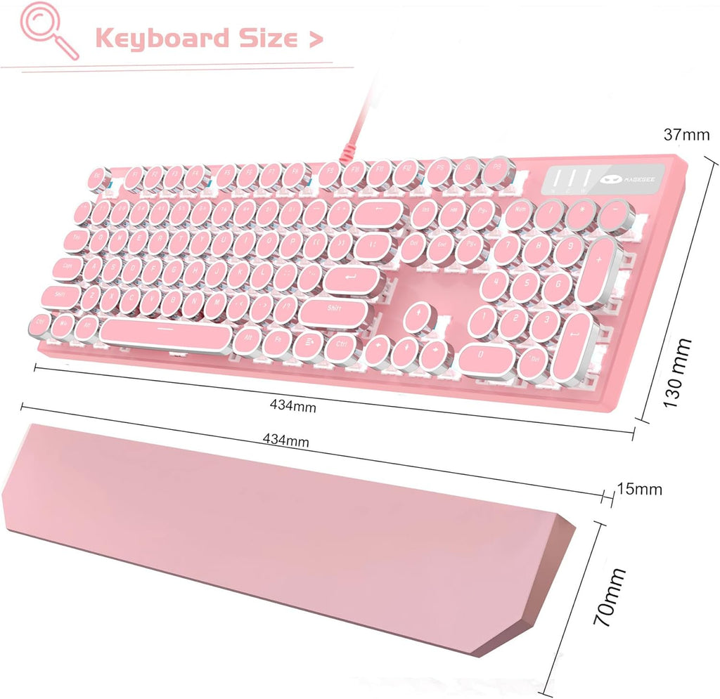 🌸⌨️ Retro Pink Typewriter Mechanical Gaming Keyboard – 104-Key Blue Switch Wired Keyboard with LED White Backlight & Wrist Rest | Perfect for Office & Game Stations | Geek Findings Cherry Blossom Collection