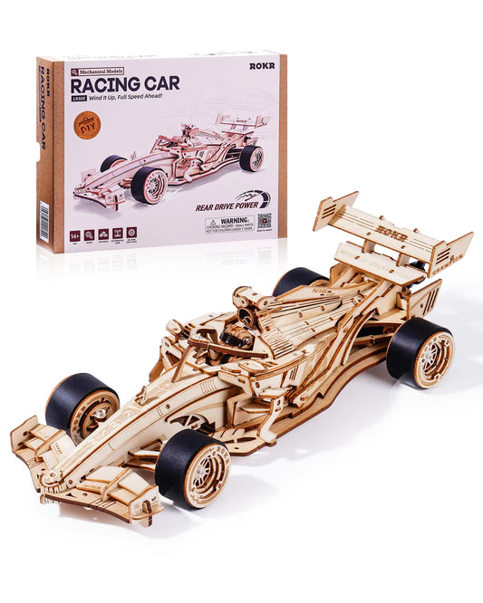 🏎️ Rokr 3D Wooden Racing Car Puzzle DIY Model Kit | Mechanical Roaring Engine, 8-10M Forward Movement | Perfect for Adults & Teens | Geek Findings