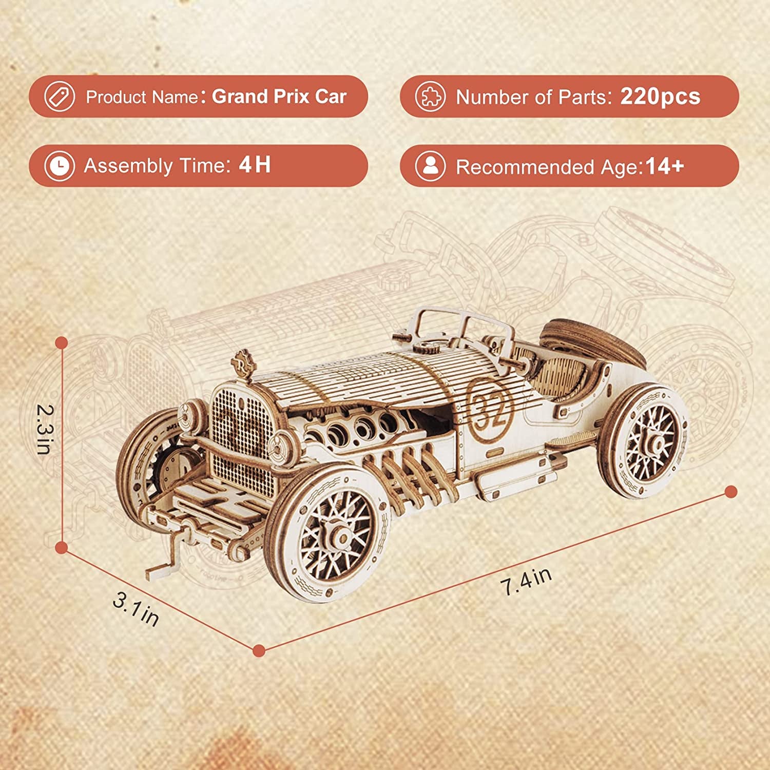 🏎️ ROKR 3D Wooden Grand Prix Car Puzzle | DIY Model Building Kit for Adults & Teens | Educational Brain Teaser, Desk Decor & Gift Idea | Mechanical Model Car Assembly