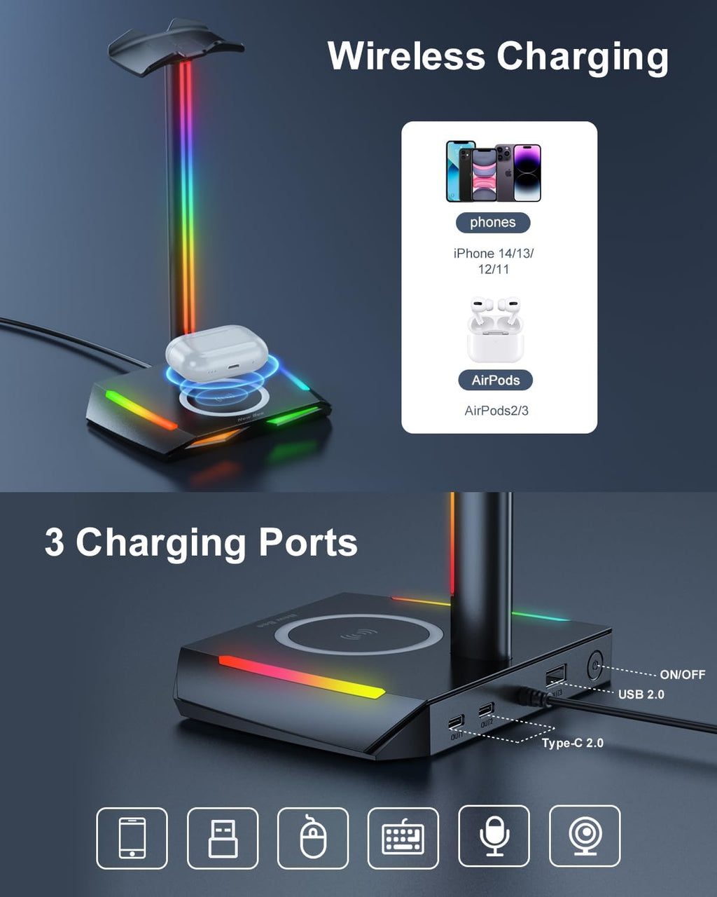 🎧RGB Gaming Headphone Stand with Wireless Charging – 2 USB-C + 1 USB Port | 7 Color Modes, Non-Slip Base, Universal Headset Holder for Desk & Battlestations