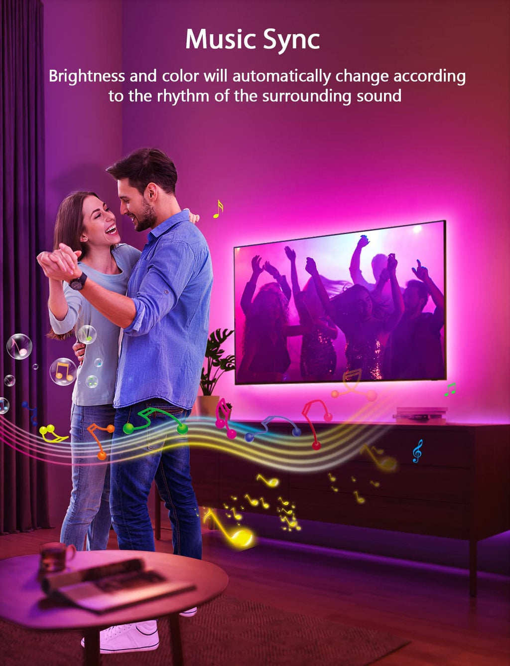 RGB LED TV Backlight Strip – USB Powered, Music Sync & App Control | 9.84ft for 32"-43" Screens | Mood Lighting for Gaming, Workspaces & Entertainment Rooms