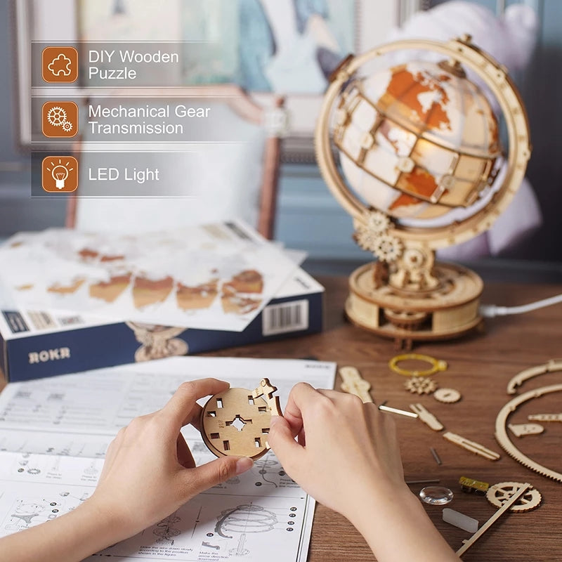 Robotime ROKR Luminous Globe 3D Wooden Puzzle - Rotatable Globe with Light | Perfect Desk Decor & Gift for Adults and Teens | Geek Findings
