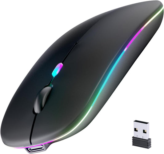 🖱️ Wireless Bluetooth Mouse with LED Lights – Silent, Rechargeable, Dual-Mode (BT 5.2 + 2.4GHz) | Ultra-Slim Tech Essential for Laptops, MacBooks, iPads & More – Black