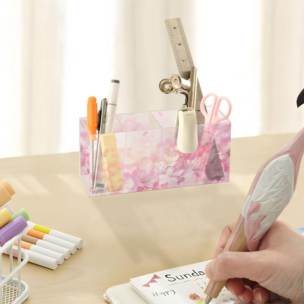 🌸Pink Cherry Blossom Acrylic Makeup Brush & Pen Organizer – 4-Compartment Floral Desk Storage for Offices, Vanities & Game Stations | Geek Findings